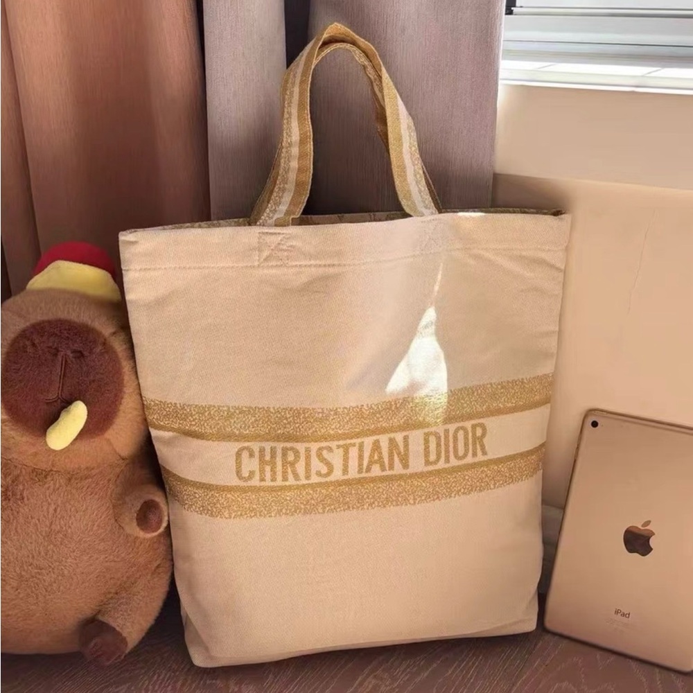 Christian Dior Gold Metallic Cream Embroidered Logo Tote Bag VIP Gift - Picture 4 of 11